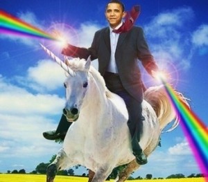 Obama rides a unicorn and shoots rainbows out of his hands...