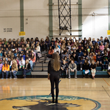 Film in education Speaking about filmmaking at a school basketball court
